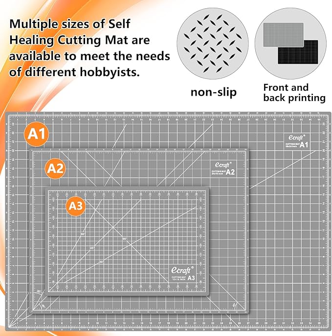Ecraft Self Healing Cutting Mat:18"x12" Double Sided 5-Ply Hobby Mat, A3 Rotary Cutting Sewing Mat for Crafts, Fabric,Sewing,Quilting,Scrapbooking,Projects,Grey/Black
