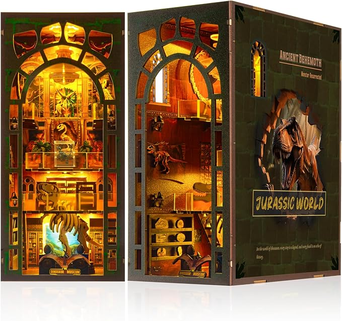 Book Nook Kit – DIY Wooden Miniature House Kits, Stunning Bookshelf Insert Decor, Ideal Gift for Holidays, Birthdays（Dinosaur Museum）