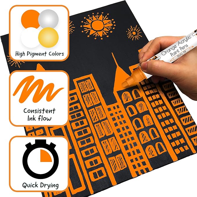 4 Dual Tip Orange Paint Pen Metallic - Fine Tip & Medium Acrylic Paint Markers - Orange Marker for Metal, Wood, Rock Painting, Canvas, Ceramic, Glass, Fabric, Leaf and Plastic - Water-based Ink