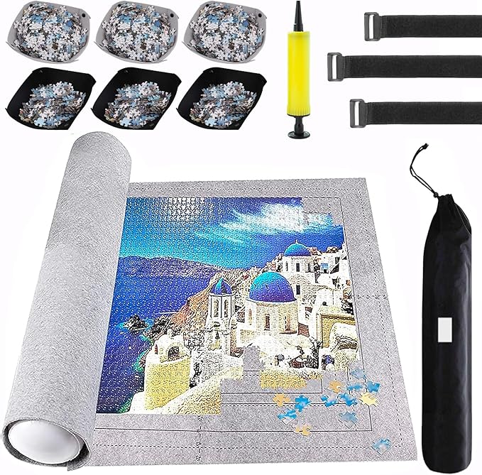Puzzle Mat Roll Up for 3000 2000 1500 Pieces Jigsaw Puzzles, Large Portable Pad Table Non-Slip Board Saver Mats with 6 Sorting Trays, Inflatable Tube, 3 Straps, Keeper Storage Bag, Adults Gifts