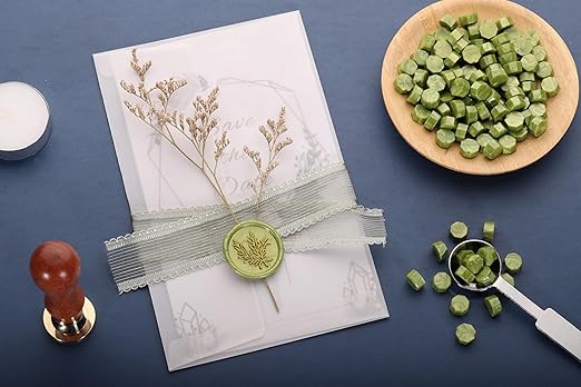Yoption 360Pcs Wax Seal Beads, Metallic Antique Gold and Green Mix Sealing Wax Beads with 2Pcs Tea Candles and Spoon for Gift, Invitation, Envelope