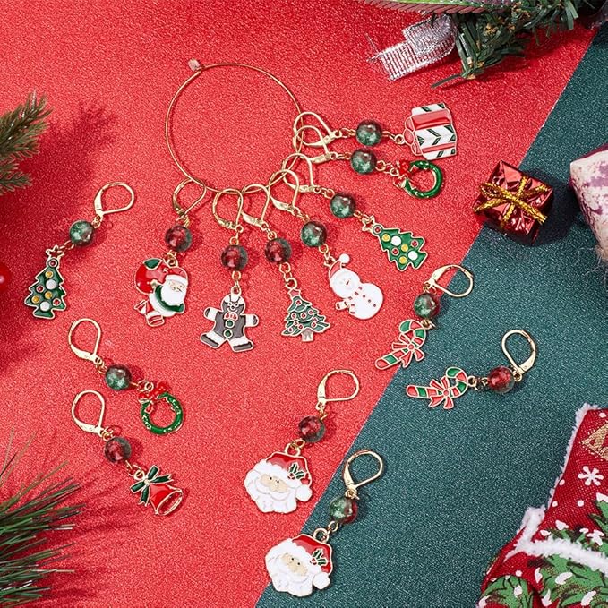 SUNNYCLUE 1 Box 24Pcs 12 Style Christmas Crochet Stitch Markers Stitch Marker Small Enamel Crochet Knitting Charms for Knitting Weaving Sewing Needleworks DIY Craft Supplies