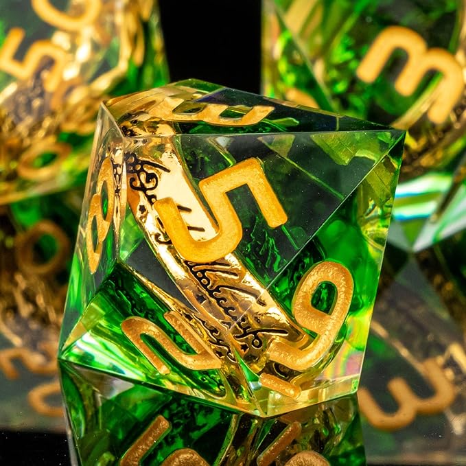 OUKELANWO Magic Lord Rings DND Dice Set with Box, 7Pcs Resin LOTR D&D Dice Set for Role Playing Game, Green Gold Dungeons Dragons D and D Sharp Edge Dice D20 D12 D10 D8 D6 D4