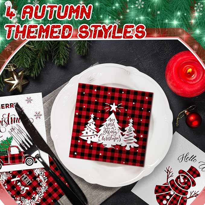 Janlaugh 200 Pcs Christmas Paper Cocktail Napkins Disposable 2 Ply Xmas Style Decoupage Beverage Napkins for Xmas Holiday Winter Dinner Table Decor