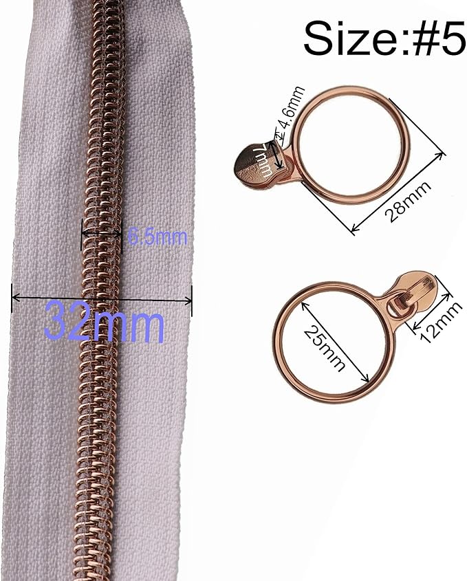 Leekayer #5 Rose Gold Metallic Teeth Nylon Coil Zippers by The Yard Bulk 10 Yards White Zipper Tape with 25pcs Rose Gold Ring Pull Sliders for DIY Sewing Tailor Craft Bag(White)