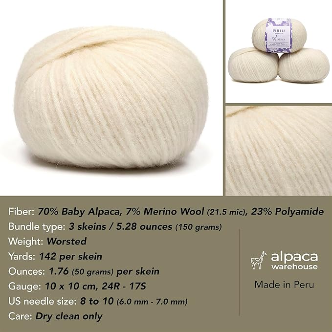 Pullu - Baby Alpaca Merino Wool Yarn Set of 3 Skeins (150 Grams) Worsted Weight - Sourced Directly from Peru - Heavenly Soft and Perfect for Knitting and Crocheting (Ivory)
