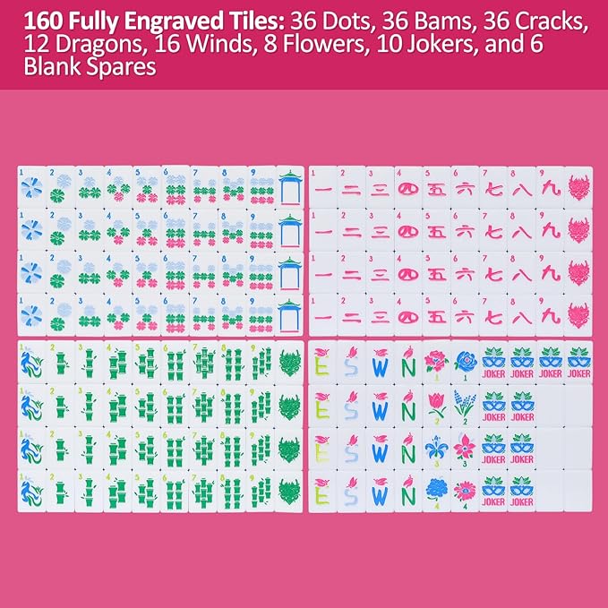 American Mahjong Tile Set, 160 Acrylic Engraved Mahjong Tiles with Carrying Bag and Accessories