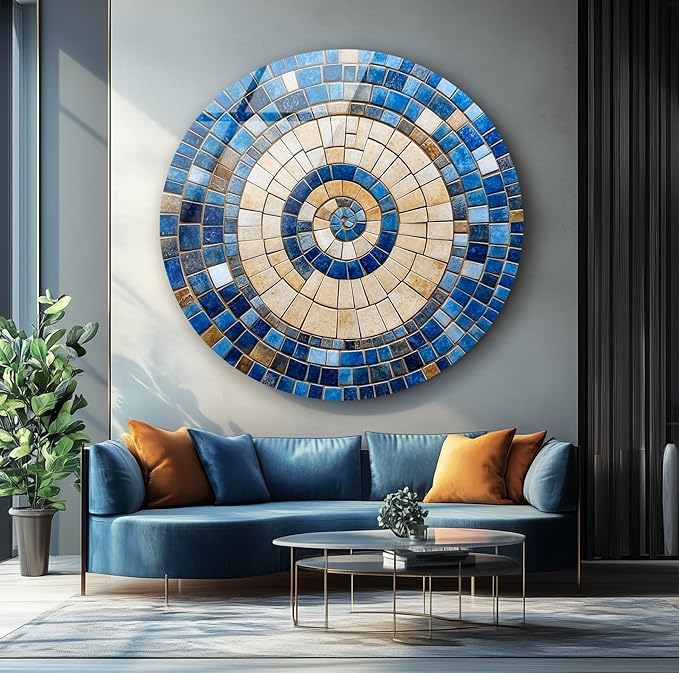 My Photostation.com 39,4''(100cm) Diameter Coastal Sunburst Beige & Blue Round Glass Wall Art Tempered Glass Printing Wall Decor Large Wall Art Wall Hangings