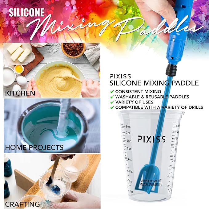 Pixiss Bidirectional Epoxy & Paint Mixer - 3 Reusable Silicone Paddles - Multipurpose Drill Attachment Stirrer