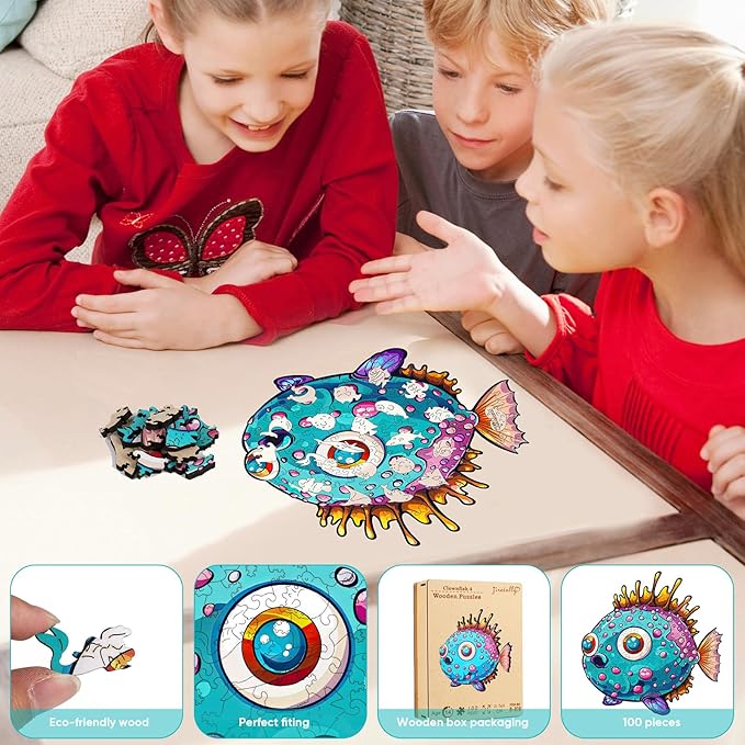 Wooden Puzzles for Kids,100 Pieces Ocean Puzzle,Unique Fish Shaped Wooden Puzzle, Preschool Puzzle Toys, Give Your Kids/Grandchildren, Suitable for Family Games