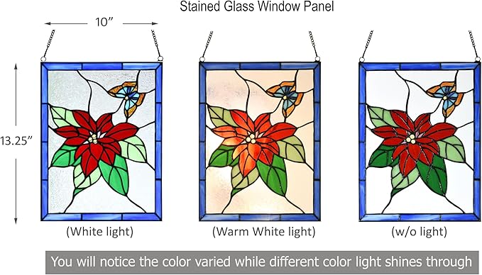 PA0020 Christmas Flower Stained Glass Hanging Panel-10 Wx13.25 H Window Suncatcher Tiffany Style Window Ornament, Handcrafted Poinsettia Flower Home Hanging Decorations
