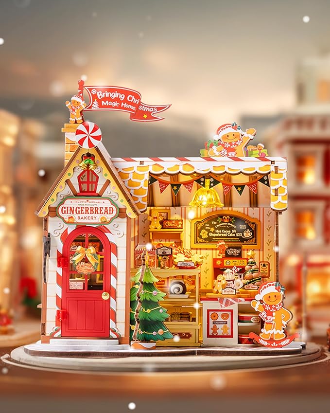 ROBOTIME DIY Miniature House Kit, Tiny House Book Nook for Family and Friends, Mini Wooden Dollhouse Kit for Halloween/Christmas/Birthday Gifts（Gingerbread House）