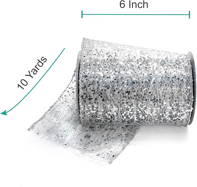CT CRAFT LLC Sparkling Glitter Mesh Wired Ribbon 6" x 10 Yards Silver for Christmas Home Decor Bow Gift Wrapping DIY Crafts Wreath