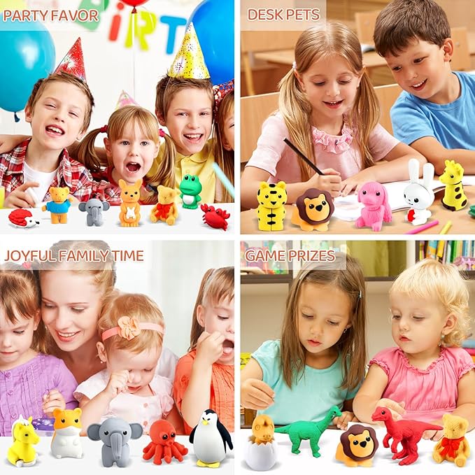 60Pcs Animal Erasers Kids Desk Pets Pencil Erasers 3D Puzzle Bulk Mini Animal Eraser Toys Fun Cute Eraser for Classroom Rewards, Game Prizes, Treasure Box, Easter Egg Fillers
