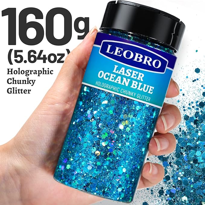 LEOBRO Blue Glitter, 160G/5.64OZ Holographic Chunky Glitter for Crafts, Resin, Body Nail, DIY Decorations, Light Blue