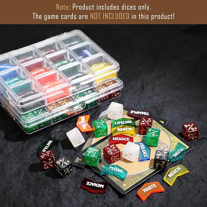 108PCS MTG Keyword Tokens & 12mm MTG Life Counter Dice Set for Magic Card, CCG Creature Stats Loyalty Dice with Box, Magic TCG Card Game Accessories