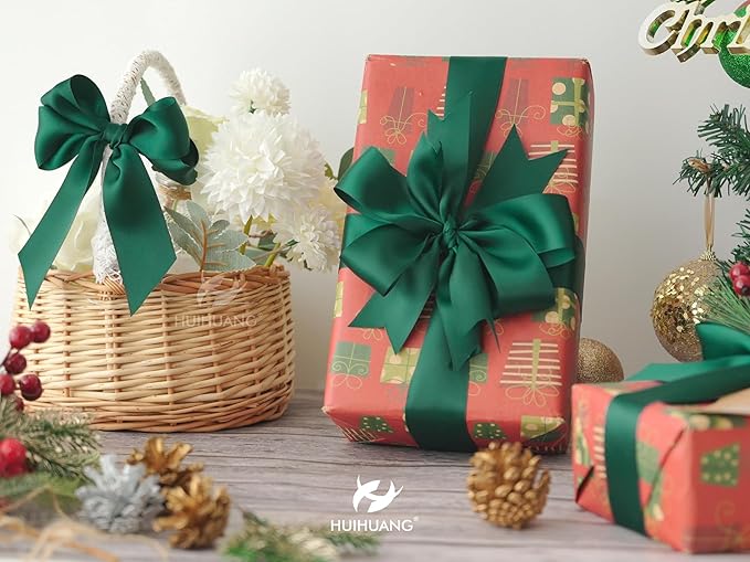 HUIHUANG Green Satin Ribbon 1-1/2 inch x 100 Yards Dark Green Double-Faced Satin Ribbon for Christmas Gift Wrapping, Flower Bouquet, DIY Crafts, Bows, Wedding Decoration
