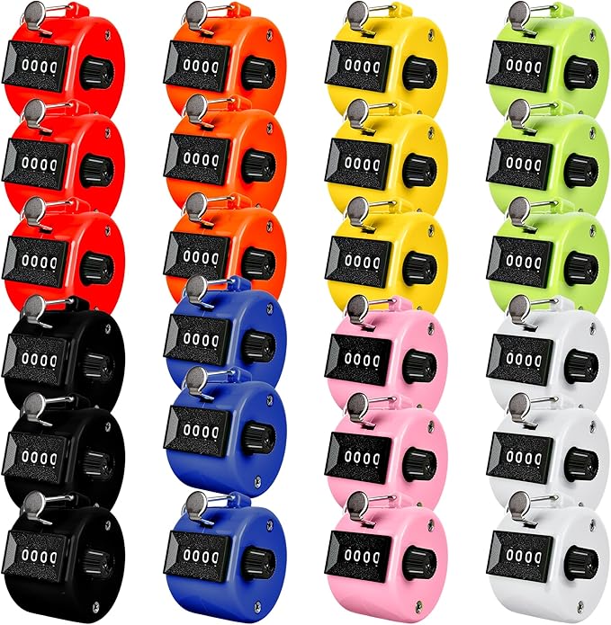24 Pcs Hand Tally Counter 4 Digit Mechanical Finger Counter Clickers Resettable Handheld Palm Number Click for Lap Coaching Knitting Fishing Golf and Row