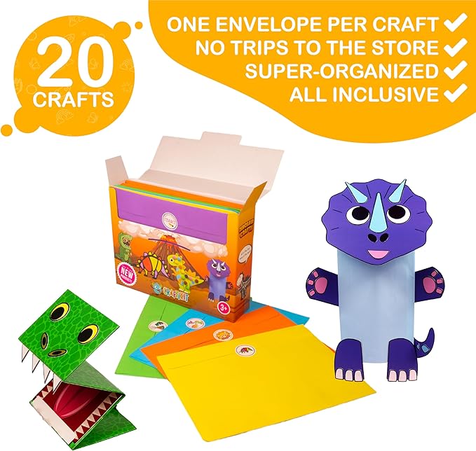 Craftikit® 20 Award-Winning Dinosaur Crafts for Kids - Award-Winning All-Inclusive Fun Dinosaur Crafts for Kids Ages 3-5, Organized Toddler Craft Kit