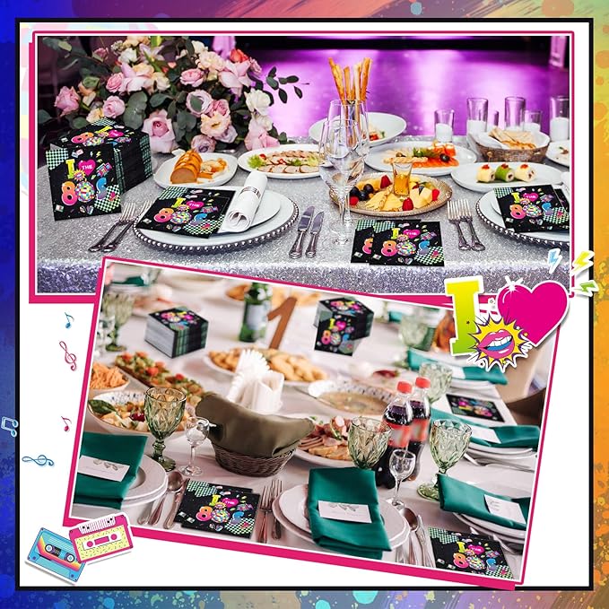 60 Pcs 80s Cocktail Paper Napkins 6.5 x 6.5 Inches Disposable Paper Napkins Dessert Beverage Napkin for Decoupage Luncheon Napkin for Party Wedding Birthday Party