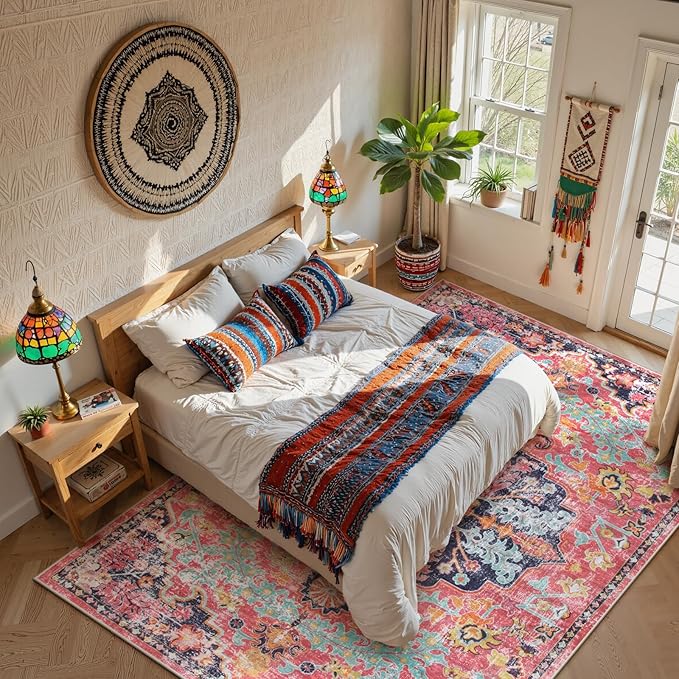 Lahome Area Rugs 9x12 Rugs for Living Room,Large Bedroom Dining Room Rug,Boho Vintage Soft Non-Slip Non-Shedding Low Pile Printed Indoor Carpet for Nursery Kids Home Office(9x12ft,Fuchsia)