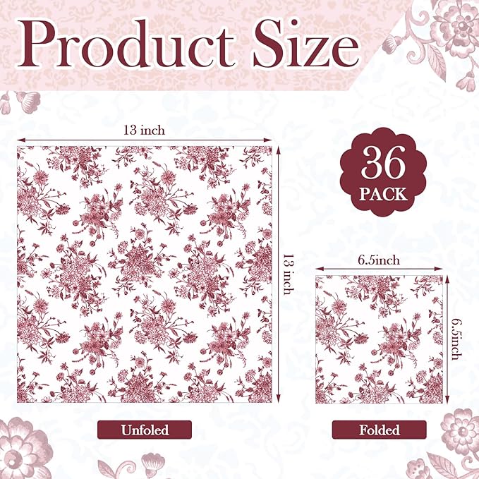 Epakh 36 Pack 6 Style Burgundy Decoupage Paper Napkins Assorted Floral Decorative Decoupage Napkin Chinoiserie Cocktail Paper for DIY Crafting Fall Christmas Wedding Party Decor, Each Unfolded 13''