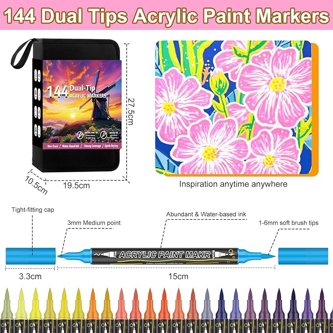 144 Colors Dual Tip Acrylic Paint Markers，Waterproof, Non-Toxic, Odorless Acrylic Markers Pens，Paint Pens & Paint Markers for Rock, Wood, Glass, Stone, Canvas, Ceramic, Fabric and Paper Painting