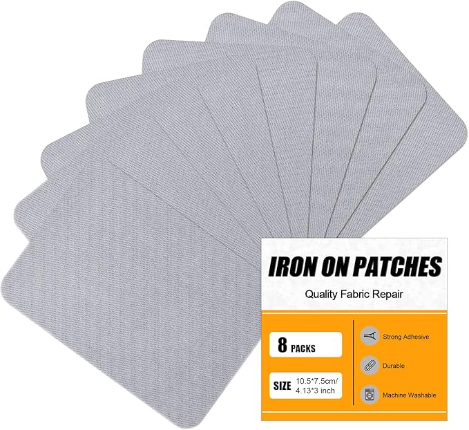 MOONSJONES Iron on Patches for Clothes Fabric Repair, 8 PCS Premium Strongest Glue Cotton Gear Reparing Patch for Holes Inside & Outside Pants, Jeans, Jacket, Hat, Canvas (7.5 cm x 10.5 cm-light gray)