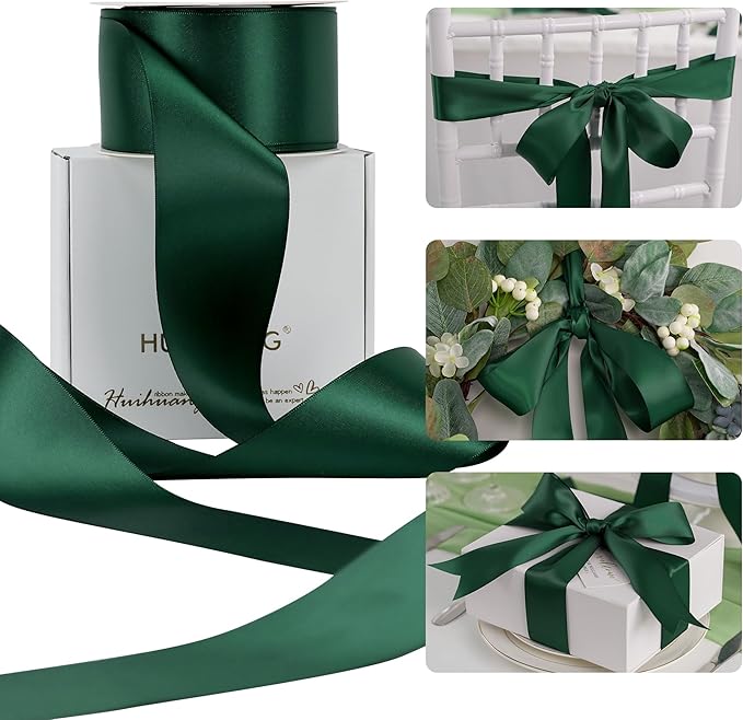 HUIHUANG Hunter Green Satin Ribbon 2 inch Double Side Green Satin Fabric Ribbon for Christmas, Crafts, Bows Making, Flower Bouquet Wrap, Gift Wrapping, Wedding Decor, Home Decor, Hairs-25 Yards/Roll