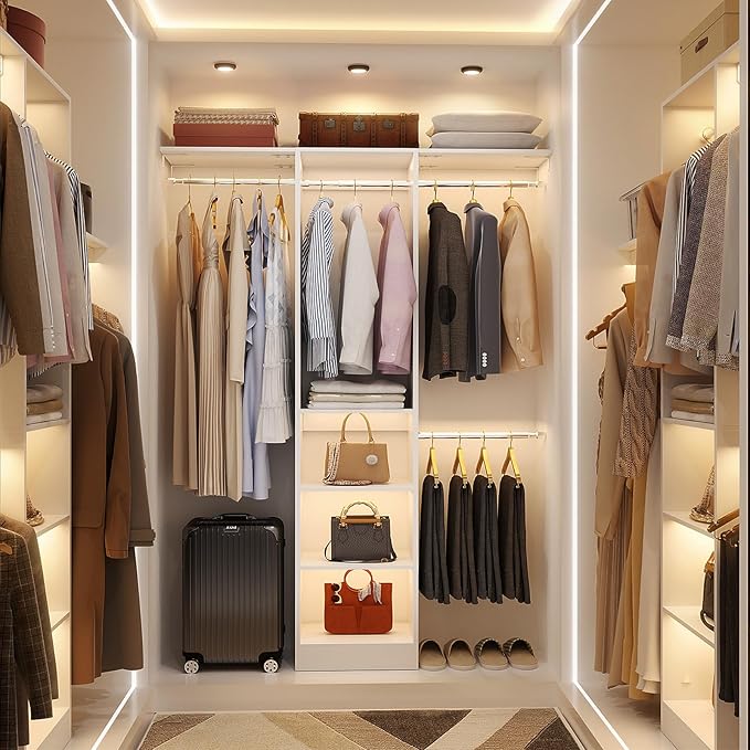 48" Small Closet Organizer, 4FT Small Closet System with 4 Closet Rods & 3 Shelves, 80"H Small Closet Organizers and Storage for Small Bedooms, Cloakrooms, Laundry Rooms, White