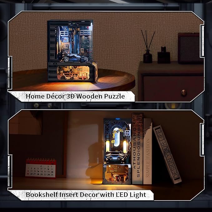 3D Wood Puzzle Book Nook Kit, Automobile Workshop Miniature Bookshelf Insert Décor with LED Lights, DIY Mechanical Model for Display, Unique Craft for Adults and Teens (Automobile Workshop)