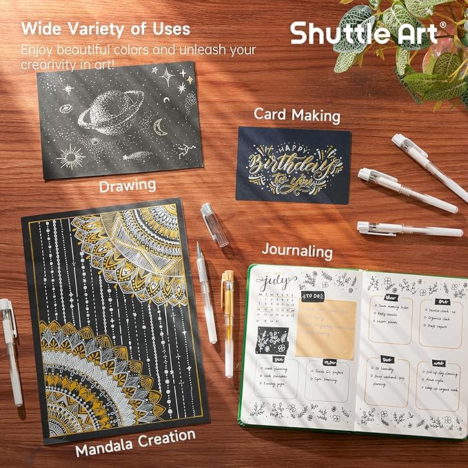 Shuttle Art White Gold Silver Gel Pens, 6 Pack 0.7mm, 1.0mm Metallic Gel Ink Pens Fine Point for Black Paper Highlighting Card Making Scrapbooking Coloring Writing Drawing School Office Home