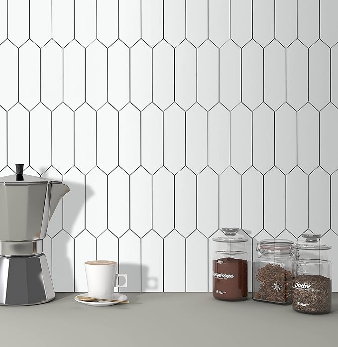 SUNWINGS Backsplash for Kitchen Peel and Stick, Stone Composite Self Adhesive Tiles Long Hexagon Mosaic Wall Tile, 12 Inch x 11.22 Inch 10 Sheets White