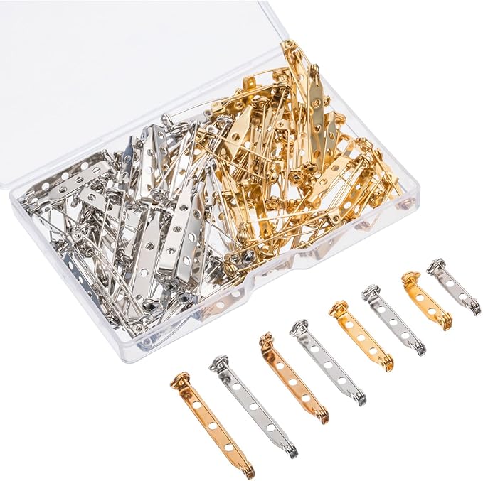 Shappy 100 Pieces Brooch Pin Backs Bar Pins Backs for Crafts Safety Clasp with Plastic Box, Gold and Silver, 4 Sizes, 20/25/32/38 mm