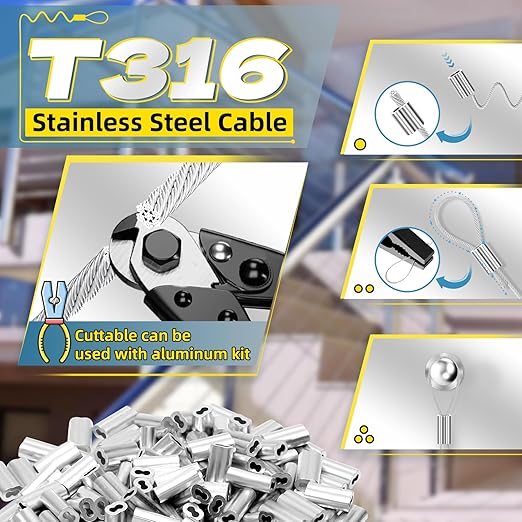 316 Stainless Steel Cable, 1000FT 1/32IN Wire Rope with 250Pcs Aluminum Sleeves Stops, for String Lights Hanging, Clotheslines, Trellis Wire