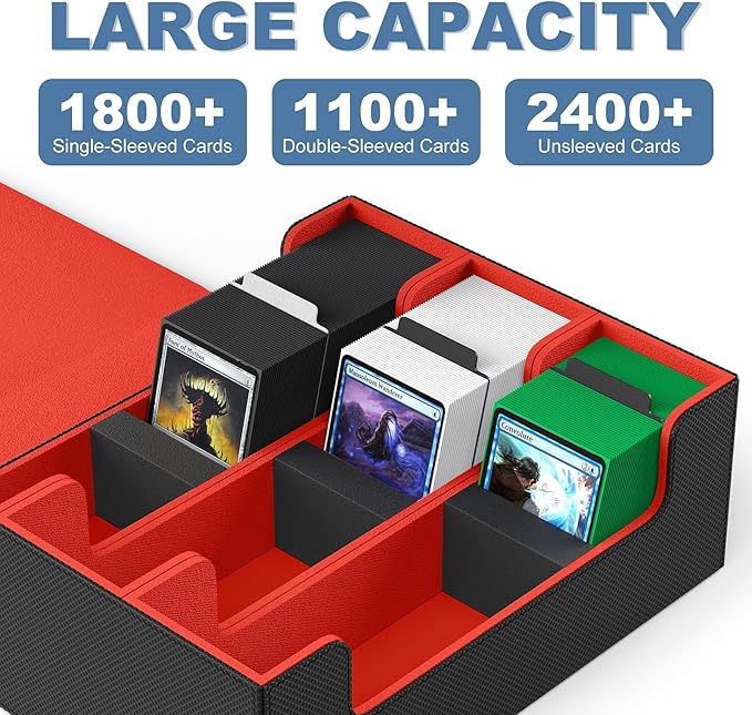 Mlikero Card Deck Case, 1800+ Trading Card Storage Box with 10 Dividers and 3 Foam Stoppers, Leather Magnetic Closure Commander Deck Box Fit for YuGiOh, MTG and Sport Cards(Black&Red)