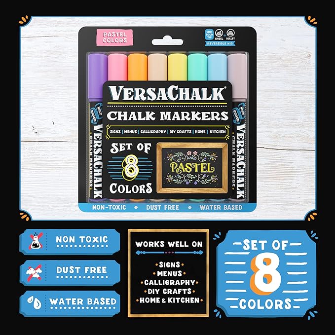 VersaChalk Pastel Liquid Chalk Markers, Set of 8-5mm Tip