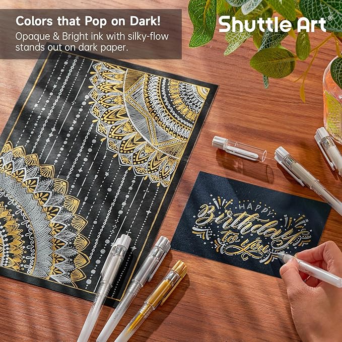 Shuttle Art White Gold Silver Gel Pens, 6 Pack 0.7mm, 1.0mm Metallic Gel Ink Pens Fine Point for Black Paper Highlighting Card Making Scrapbooking Coloring Writing Drawing School Office Home