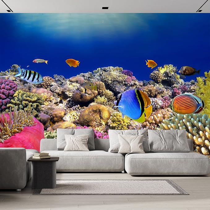 wall26 Removable Wall Sticker/Wall Mural Tropical Blue Fish Coral Reef Ocean Seascape Nature Wilderness Photography Nautical Landscape Decorative for Living Room, Bedroom, Office - 120x120 inches