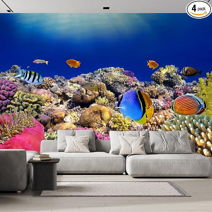 wall26 Removable Wall Sticker/Wall Mural Tropical Blue Fish Coral Reef Ocean Seascape Nature Wilderness Photography Realism Nautical Landscape Decorative for Living Room, Bedroom, Office - 66"x96"