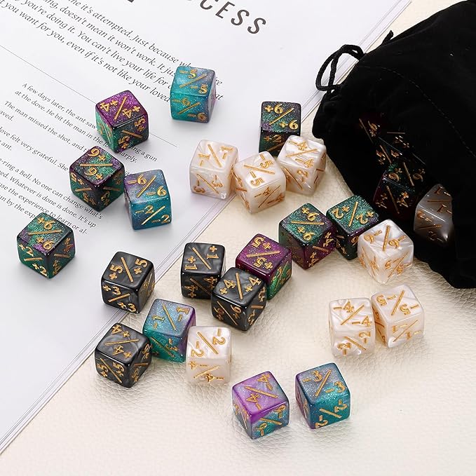 uxcell 24Pcs Magic Dice Counters, Acrylic D6 Life Token Dice Set with Pouch for Standard Cards Gaming Accessories, White, Black, Red & Black, Green & Black