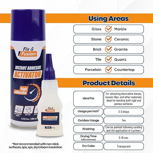 FIX & FUSION Ca Super Glue (1.77 Oz) with Activator Spray (6.76 Fl Oz) Set, Fast Adhesive/Cyanoacrylate Glue & Instant Activator for Woodworking, Plastic, Rubber, Granite, DIY & Industrial, (2 Pack)