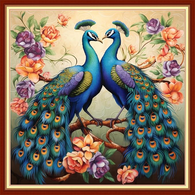 Dimxvean Stamped Cross Stitch Kits,Cross Stitch Kits for Adults Beginners,Embroidery Kits Full Range of Cross Stitch Stamped Kits Needlepoint Kits Cross Stitch Patterns- Peacock Flower 18x18 inch