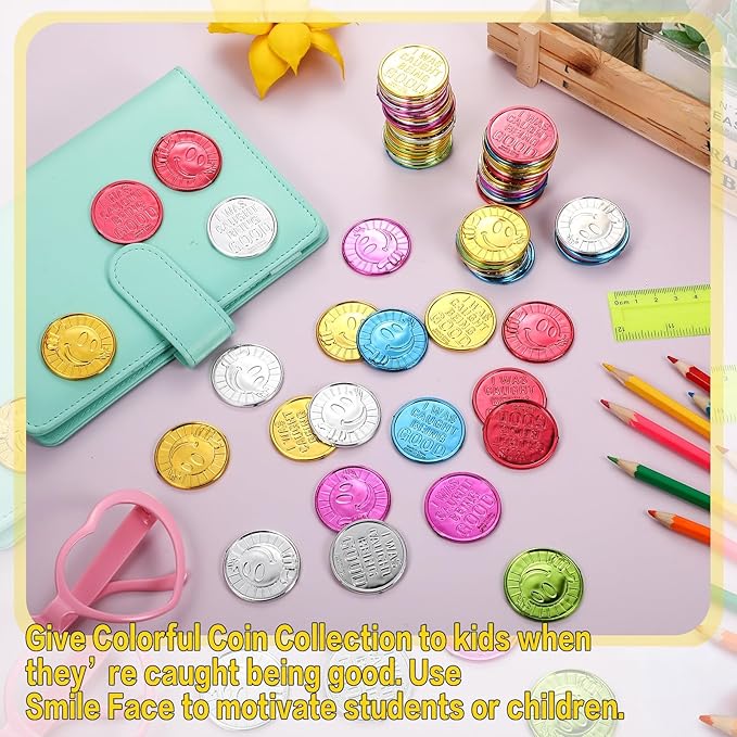 Jerify 1000 Pcs I was Caught Being Good Coins for Kids Behavior Tokens Laugh Face Plastic Reward Colored Pretend Coin Carnival Halloween Party Counting (Laugh Face)
