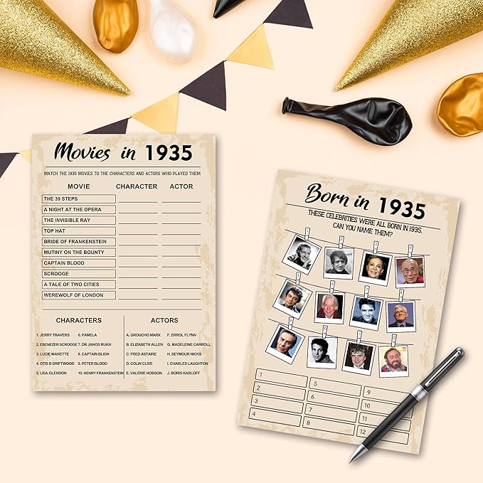 90th Birthday Party Games, Set of 5 Activities for 10 Guests, Born in 1935 Games Bundle, Birthday Party Supplies for Adults, Pack of 50 Cards