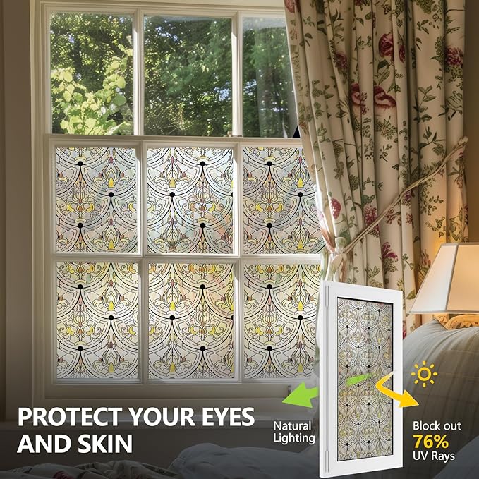 3D Stained Glass Window Film, Decorative Window Privacy Film for Bathroom,Front Door,Home, Sun Blocking Heat Control,Static Cling, Golden Ironwork 17.5inch x 47.24inch