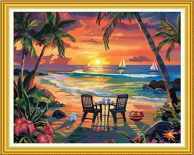 Funchey Stamped Cross Stitch Kits, DIY Cross Stitch Pattern for Adults Beginners Needlepoint Kits Embroidery Kit Arts and Crafts 11CT-Rest by The Seaside 16x20 inch
