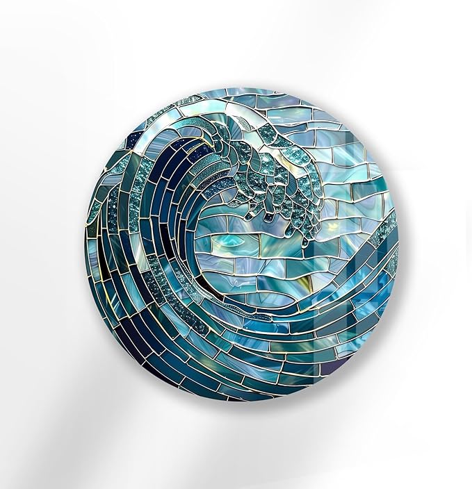 My Photostation.com 31.5''(80cm) Diameter Ocean Wave in Blue Mosaic Round Glass Wall Art Tempered Glass Printing Wall Decor Large Wall Art Wall Hangings