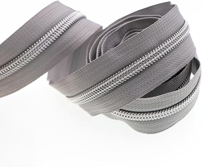 Leekayer #5 Silver Metallic Nylon Coil Zippers by The Yard Bulk 10 Yards Gray Zipper Tape with 25pcs Silver Ring Pull Zipper Sliders for DIY Sewing Tailor Craft Bag(Gray)