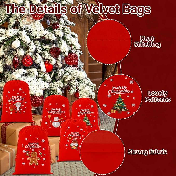 Tapleap Velvet Coth Christmas Bags with Drawstring, 50Pcs 7x10 for Wrapping Christmas Party Favors or Gifts for Friends, Small Bussiness, Coworkers